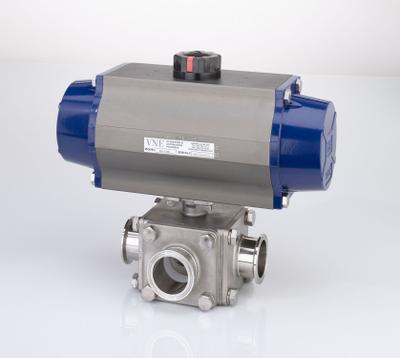 VNE Pneumatically Actuated Three-Way Ball Valve: 3/4 in, 316 Stainless Steel - 3-A Certified L-Port Brass Pneumatically-Actuated Ball Valves