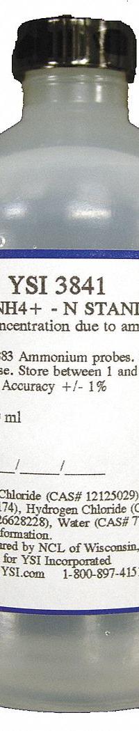 YSI Calibration Solution - Ammonium Standard: Lab, 500 mL Volume, 1 mg/L, 3841, 1. Key specifications — Brand: YSI; Chemical Grade: Lab; Concentration: 1 mg/L; Manufacturer Part Number: 3841; Product Type: Calibration Solution - Ammonium Standard.
