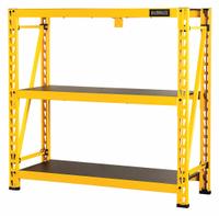 DEWALT Industrial Storage Rack,3 Shelf,4 ft: Standalone, Heavy-Duty, 49 5/8 in x 18 in x 48 in (MPN DXST4500). Key specifications — Decking Finish: Laminate; Decking Material: Laminated Particle Board; Frame Material: Steel; Brand: DEWALT; Decking Material & Form: Particleboard.