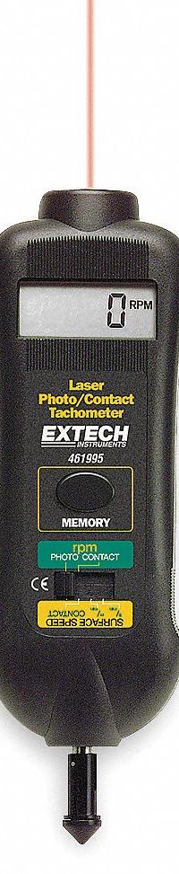 EXTECH Laser Tachometer: +/-0.05% RPM Accuracy, 0.1 RPM, 19,999 RPM Max Contact RPM, LCD (MPN 461995). Key specifications — Includes: Wheels for Linear Surface Speed or RPM Measurements; Brand: EXTECH; Digital Display Screen Type: LCD; RPM Accuracy: +/-0.05%; RPM Resolution: 0.1 RPM; Calibration Certificate: Not Included.