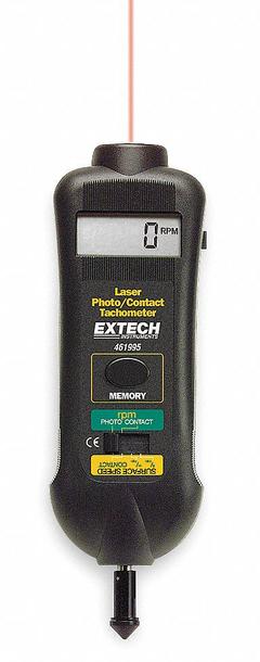 EXTECH Laser Tachometer: +/-0.05% RPM Accuracy, 0.1 RPM, 19,999 RPM Max Contact RPM, LCD (MPN 461995). Key specifications — Includes: Wheels for Linear Surface Speed or RPM Measurements; Brand: EXTECH; Digital Display Screen Type: LCD; RPM Accuracy: +/-0.05%; RPM Resolution: 0.1 RPM; Calibration Certificate: Not Included.