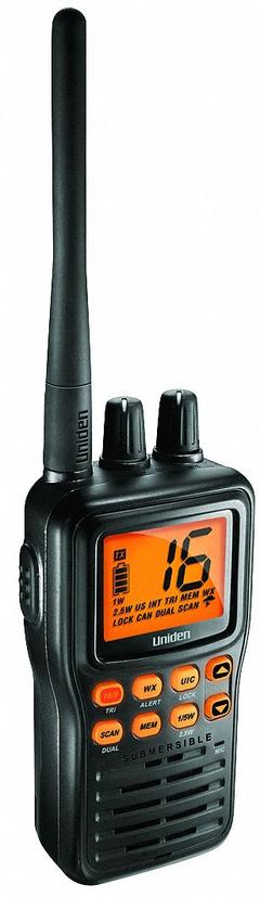 UNIDEN Handheld Two Way Radios: VHF, Analog, 5 W, 51 Channels, Alphanumeric, IPX7, Black, MHS75, FCC. Key specifications — Radio Application: Marine; Product Type: Handheld Two Way Radios; Features: Submersible; Bluetooth: No; Subscription Type: 3 Year; IP Rating: IPX7; Manufacturer Part Number: MHS75; Brand: UNIDEN.