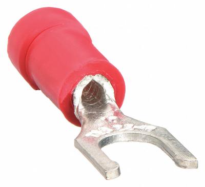 STA-KON Fork Terminals: Red, Vinyl, #8 Stud Size, 22 AWG – 16 AWG Wire Range, Locking Fork - Insulated Fork Terminals