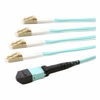 FIBERTRONICS MPO Breakout Cables: Multi-Mode, 5 m Lg, MPO / UPC Female End 1, LC / UPC End 2, Aqua (MPN MPO-QSFP-OM3-8LC-5M). Key specifications — Fire Rating: Plenum; Fiber Type: OM3; Brand: FIBERTRONICS; End 1 Connection Gender: Female; End 1 Contact Type Finish: UPC; End 2 Contact Type Finish: UPC; _MPO Cable Connector Design: (1) 8F Corning MPO Female (Aqua) x (8) LC/UPC (Aqua); _Fiber Optic Cable Style: 50/125µ OM4.