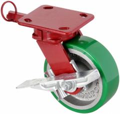 HAMILTON Plate Caster: Swivel, Polyurethane, 8 in Wheel Dia, 2 in Wheel Wd, 9 1/2 in Mounting Ht (MPN S-ZFWH-8DB-4SL-FB). Key specifications — Wheel/Tread Color: Green; Brand: HAMILTON; Roll Up: Swivel with Total Lock.