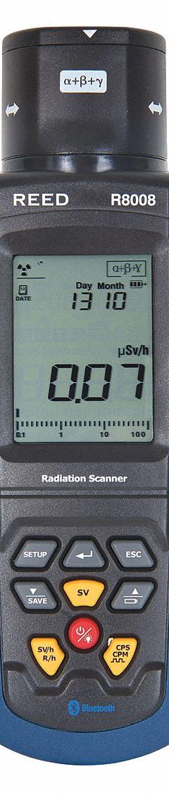 REED INSTRUMENTS Radiation Meter: Hard Carrying Case/Software, CPM/CPS/MeV/uSv/hr (MPN R8008). Key specifications — Measuring Units: MeV; Includes: Hard Carrying Case; Operating Ranges: 0 to 4,000 CPM/CPS; Brand: REED INSTRUMENTS.