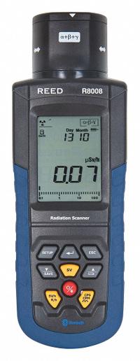 REED INSTRUMENTS Radiation Meter: Hard Carrying Case/Software, CPM/CPS/MeV/uSv/hr (MPN R8008). Key specifications — Measuring Units: MeV; Includes: Hard Carrying Case; Operating Ranges: 0 to 4,000 CPM/CPS; Brand: REED INSTRUMENTS.