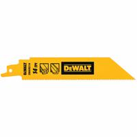 DEWALT Reciprocating Saw Blade: 14 Teeth per Inch, 6 in Blade Lg, 1 in Blade Thick, Bi-Metal, 5 PK (MPN DWAR6114). Key specifications — attr1109198: 14; attr1109200: Rigid for Straight Cuts; attr1109201: Straight; attr1109209: DEWALT.