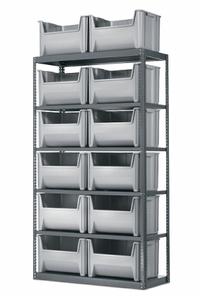 AKRO-MILS Bin Shelving: 42 in x 18 in x 79 in, 1 Sided, 12 Bins, Open, Stacking Bin, Gray, 6 Shelves (MPN AS187913017). Key specifications — Includes Bins: Yes; Bin Material: Polyethylene; Frame Color: Gray; Bin HxWxD: (12) 12-7/16 in x 19-7/8 in x 15-1/4 in; Frame Material: Steel; Bin Color: Gray; Brand: AKRO-MILS.