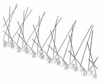 BIRD BARRIER Bird Repellent Spikes: Std, Plastic Base, Silver, 50 ft Overall Lg, 5 in Overall Wd (MPN BP-F250). Key specifications — Brand: BIRD BARRIER; Spike Material: Stainless Steel; Targeted Birds: Pigeons; Base Material: Plastic; Ledge Width: Standard.