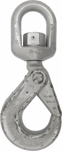 CROSBY Self-Locking Hook: 4,560 lb Working Load Limit, 100 Hook Grade, Alloy Steel, Swivel, Plain (MPN 1004313). Key specifications — Color: Silver; Brand: CROSBY; Visual Indicator Markings: Deformation & Max Angle.
