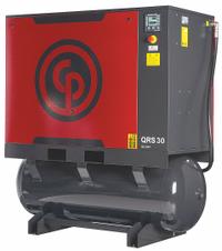 CHICAGO PNEUMATIC Rotary Screw Air Compressor w/Air Dryer: Horizontal, 30 hp, 97.5 cfm, 132 gal Tank (MPN QRS 30 HPD). Key specifications — attr48606: Three; attr48593: 208 to 230V AC; attr48578: CHICAGO PNEUMATIC; attr110305: Included.