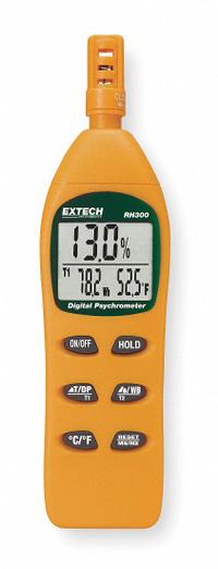 EXTECH Hygro Thermometer Psychrometer: Onboard, Included, 7 in x 1.9 in x 1 in, -4°F to 122°F (MPN RH300-NIST). Key specifications — Brand: EXTECH; Calibration Certificate: Included.