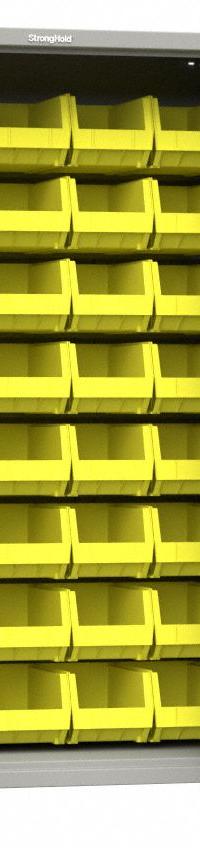 STRONG HOLD Bin Cabinet: 48 in x 24 in 75 in, 0 Shelves, 126 Bins, Yellow, Flush, 14 ga Panel, Bins (MPN 46-BB-240-L). Key specifications — Bin Color: Yellow; Bin HxWxD: (32) 7 in x 8-1/4 in x 14-3/4 in; Assembled: Assembled; Brand: STRONG HOLD; Cabinet Color: Medium Gray; Cabinet Finish: Painted; Cabinet Material: Steel; Cabinet Storage Components: Bins.