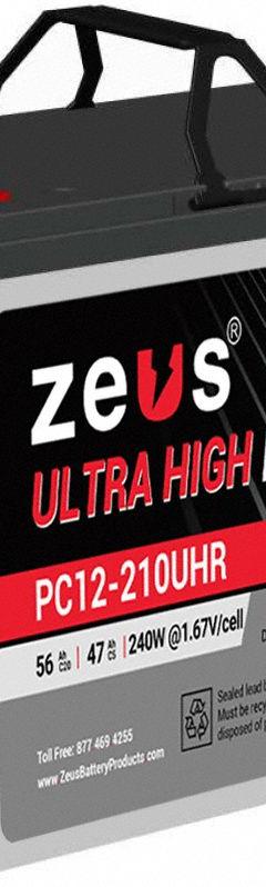 ZEUS BATTERY PRODUCTS Sealed Lead Acid Batteries: 12V DC, 56 Ah Capacity, 7.87 in Ht, 5.43 in Wd, M6 (MPN PC12-210UHR). Key specifications — Terminal Connection: M6; Brand: ZEUS BATTERY PRODUCTS; Housing Material: ABS.