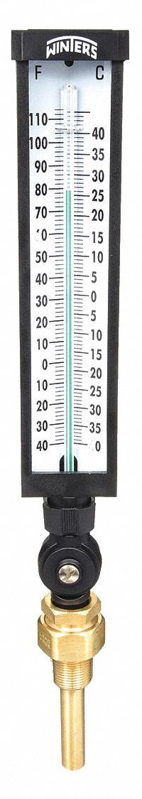 WINTERS Industrial Glass Thermometer: -40°F to 110°F /-40°C to 40°C, +/-1% Accuracy, 3.5 in Stem Lg (MPN TIM101LF.). Key specifications — Thermometer Thread Type: UNF; Accuracy: +/-1%; Brand: WINTERS.