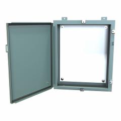 HAMMOND Electrical Enclosure: Steel, 24 in x 20 in x 6 in, NEMA 12/13/3R/4, w/Panel, Solid Cover (MPN 1418N4E6). Key specifications — Closure Method: Clamps; Brand: HAMMOND; Knockouts: Not Included.