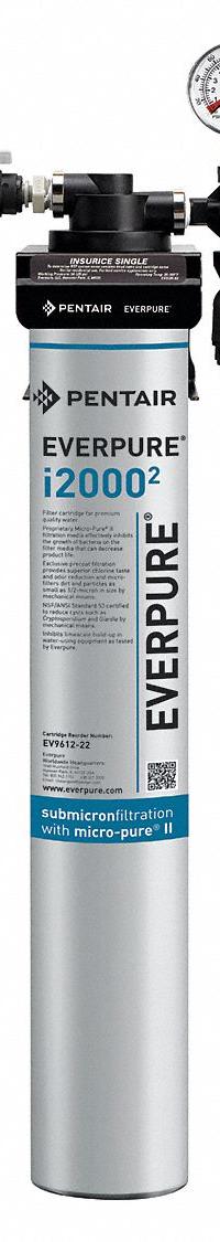 PENTAIR/EVERPURE Water Filtration System: 0.5 micron, 1.7 gpm, 26 1/4 in Overall Ht (MPN EV932401-75). Key specifications — Product Type: Ice Machine System; Filter Media: Carbon; Brand: PENTAIR/EVERPURE; Reduces: Sediment.