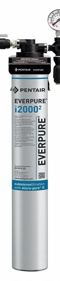 PENTAIR/EVERPURE Water Filtration System: 0.5 micron, 1.7 gpm, 26 1/4 in Overall Ht (MPN EV932401-75). Key specifications — Product Type: Ice Machine System; Filter Media: Carbon; Brand: PENTAIR/EVERPURE; Reduces: Sediment.