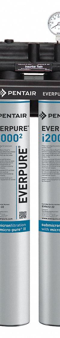 PENTAIR/EVERPURE Water Filtration System: 0.5 micron, 3.3 gpm, 25 1/4 in Overall Ht (MPN EV932402-75). Key specifications — Product Type: Ice Machine System; Filter Media: Carbon; Brand: PENTAIR/EVERPURE; Reduces: Scale.