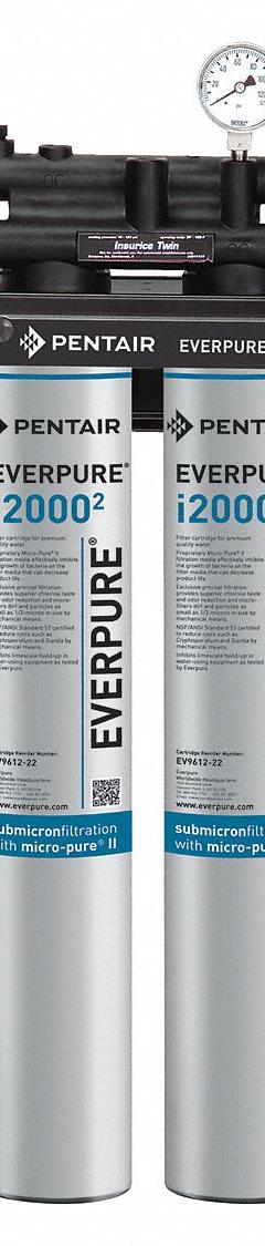 PENTAIR/EVERPURE Water Filtration System: 0.5 micron, 3.3 gpm, 25 1/4 in Overall Ht (MPN EV932402-75). Key specifications — Product Type: Ice Machine System; Filter Media: Carbon; Brand: PENTAIR/EVERPURE; Reduces: Scale.