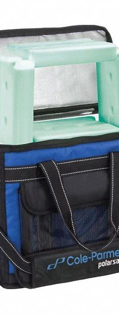 Cryogenic Storage Box: 15 in Overall Lg, 13 in Overall Wd, 7 7/8 in Overall Ht, 16 L Capacity, Nylon (MPN 0372637). Key specifications — Material: Nylon; Includes: (4) 1 L 22°C Blocks; Product Type: Transport Bag; Brand: COLE-PARMER.