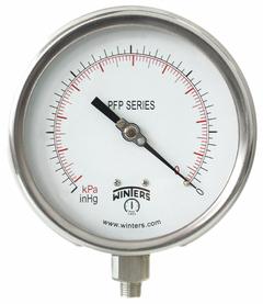 WINTERS Panel-Mount Compound Gauge: Back Flange, 0 psi to 150 psi, 4 1/2 in Dial, 1/4 in NPT Male (MPN PFP705-DRY-45BF). Key specifications — Accuracy: ±1.0%; Brand: WINTERS; Vibration Resistance Properties: Field-Fillable; Gauge Wetted Parts: Stainless Steel.
