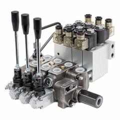 HYDRO CUSTOM Hydraulic Directional Control Valve: Four-Way / Three Positions, 13 gpm Flow Rate - Max (MPN 228323). Key specifications — Port Connections: Outlet; Spool Action: Spring Center To Neutral; Work Connection Size: #8; Work Connection Type: SAE O-Ring Boss; Brand: HYDRO CUSTOM; Pressure Connection Size: #10.