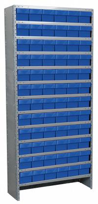 AKRO-MILS Enclosed Bin Shelving: 36 in x 12 in x 79 in, 1 Usable Sides, 13 Shelves, 72 Bins, Blue (MPN ASC1279162BLU). Key specifications — Bin HxWxD: (72) 4-5/8 in x 5-9/16 in x 11-5/8 in; Frame Material: Steel; Frame Color: Gray; Bin Color: Blue; Brand: AKRO-MILS.
