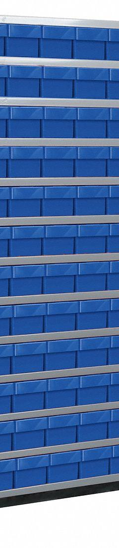 AKRO-MILS Enclosed Bin Shelving: 36 in x 12 in x 79 in, 1 Usable Sides, 13 Shelves, 72 Bins, Blue (MPN ASC1279162BLU). Key specifications — Bin HxWxD: (72) 4-5/8 in x 5-9/16 in x 11-5/8 in; Frame Material: Steel; Frame Color: Gray; Bin Color: Blue; Brand: AKRO-MILS.