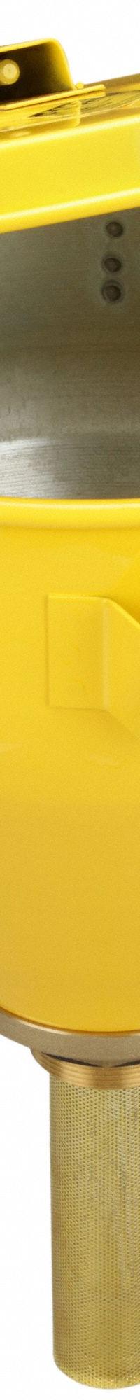 JUSTRITE Self Closing Funnel: Self Closing, Yellow / Yellow, 6 in, 10 3/4 in x 16 in (MPN 08227). Key specifications — Brand: JUSTRITE; Funnel Material: Galvanized Steel; For Use With: Drums; Color: Yellow; Lid Type: Self Closing; Flame Arrester Ht: 6 in; Lid Type (sublevel): Lidded.