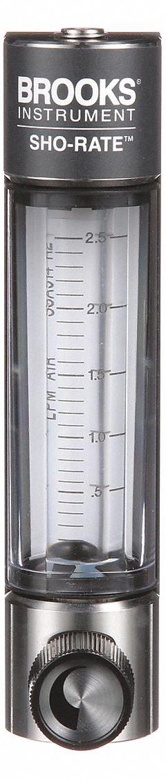 BROOKS Mechanical Flowmeter: Flow Meter, Scale, Variable Area, Panel Mount, Vertical, Liters, FNPT (MPN 1250AD6051ALSVV). Key specifications — Display Type: Scale; O-Ring Material: Viton; Includes Flow Rate Adjustment Knob: Yes; Includes Pressure Guage: No; Mounting Orientation: Vertical; Unit Of Measure: Liters; Brand: BROOKS; Accuracy: +/-5%.