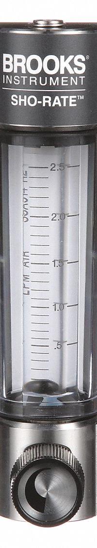 BROOKS Mechanical Flowmeter: Flow Meter, Scale, Variable Area, Panel Mount, Vertical, Liters, FNPT (MPN 1250AD6051ALSVV). Key specifications — Display Type: Scale; O-Ring Material: Viton; Includes Flow Rate Adjustment Knob: Yes; Includes Pressure Guage: No; Mounting Orientation: Vertical; Unit Of Measure: Liters; Brand: BROOKS; Accuracy: +/-5%.