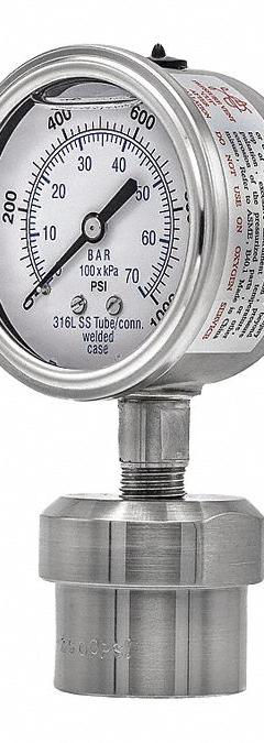 PIC GAUGES Pressure Gauge with Diaphragm Seal: 0 psi to 1,000 psi, 301L/0JJJ, 2 1/2 in Dial, Bottom (MPN 301L254M/0JJJ100). Key specifications — Brand: PIC GAUGES; Gauge Case Liquid: Glycerin; Seal Fill Liquid: Glycerin; Seal Lower Housing Material: 316 Stainless Steel; Accuracy:  ±2-1-2%; Gauge Wetted Parts: Stainless Steel.