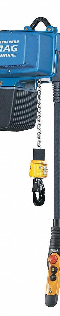 DEMAG Electric Chain Hoist: H4 - Heavy Duty, 480V AC, Hook Mounted - No Trolley, Variable Speeds (MPN DCS Pro 1-125-1/1 H8 VS30-30-480/60). Key specifications — Brand: DEMAG; Includes: Chain Container; Operating Voltage: 480V AC; Headroom Clearance: 28 in - 30 in.