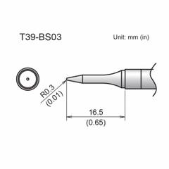 HAKKO Soldering Tip: T39 Series, Conical, 0.3 mm W, 16.5 mm Lg (MPN T39-BS03). Key specifications — Brand: HAKKO; Compatible Handpiece Manufacturer Model Number: FX-9701; Manufacturer Part Number: T39-BS03.