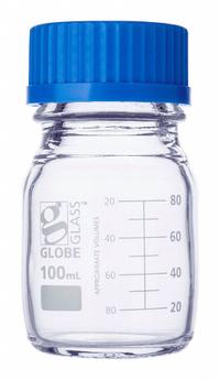 GLOBE SCIENTIFIC Media Bottle: 100 mL, Screw-On, GL45, 100 mm, Colorless, Closure Included, Attached (MPN 8100100). Key specifications — Closure Type: Screw-On; Mouth Size: Wide; Screw Closure Size: GL45; Brand: GLOBE SCIENTIFIC; Body Color: Colorless.