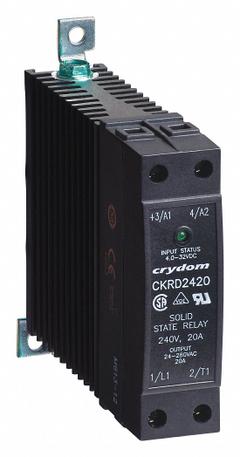 CRYDOM Solid State Relay: DIN-Rail Mounted, 30 A Max Output Current, SCR, AC Output (MPN CKRD4830-10). Key specifications — Brand: CRYDOM; Current Type: DC; Electrical Connection: Screw Clamp; Finger Safe: Yes; Input Current: 8 to 12 mA; Maximum Output Current without Heat Sink: 30 A; Mounting Style: DIN Rail; Output Voltage: 48 to 530V AC.