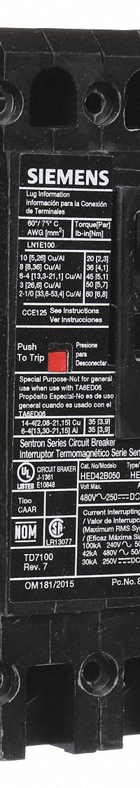 SIEMENS Molded Case Circuit Breaker: 50 A Amps, 42kA at 480V AC, Fixed, Load Side Lug, Any, HED4 (MPN HED42B050). Key specifications — Phase Connection: Any; Instantaneous Trip: Fixed; Terminal Connection: Load Side Lug; Series: HED4; Max. AIR Rating: 42kA at 480V AC.