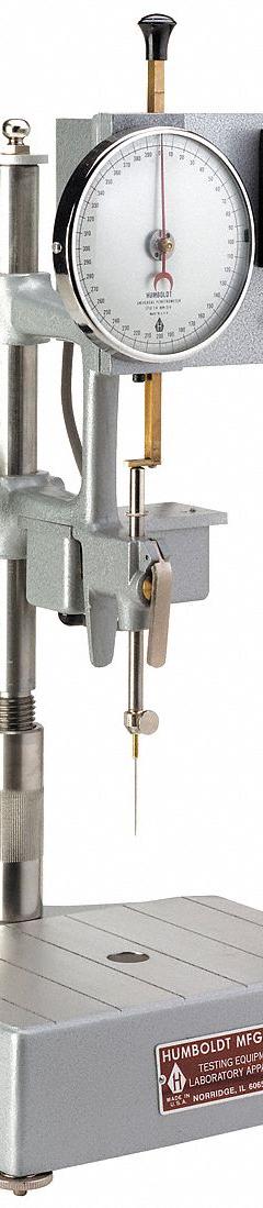 HUMBOLDT Laboratory Penetrometer: Electric, 5 1/2 in Plunger Lg, 3/8 in Plunger Wd, Analog (MPN 5DNL2). Key specifications — attr1073952: HUMBOLDT; attr1073953: Laboratory Penetrometer; attr1081577: Food; attr1081588: 50 g Loading Weights; attr1081586: Analog.