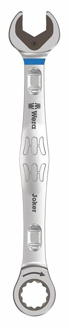 WERA Combination Wrench: Alloy Steel, Nickel Chrome, 19 mm Head Size, 9 5/8 in Overall Lg, Reversing (MPN 05073279001). Key specifications — attr309600: 19 mm; attr309611: Nickel Chrome; attr309610: Alloy Steel; attr309604: Yes; attr309612: No; attr309613: No; attr309615: No; attr324932: WERA.