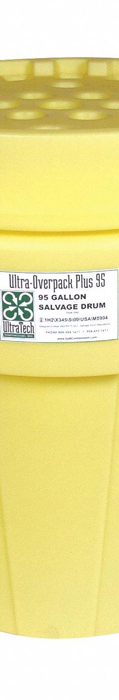 ULTRATECH Overpack Drum: LDPE, 95 gal, Screw-On Lid, Unlined/No Interior Coating, Polyethylene (MPN 580). Key specifications — Drum Material: LDPE; Drum Head Type: Open Head; UN Rating Solids: 1H2/X345/S; UN Rating Liquids: 1H2/X345/S/**/USA/M5904; Interior Lining: Unlined/No Interior Coating; Drum Message Text: Overpack/Salvage Drum; Closing Ring Material: Polyethylene; For Holding: Drums.