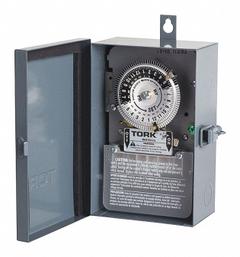 TORK Electromechanical Timer: 24 hr, 120/208-277V AC, DPST, Mechanical (MPN 1109A-O). Key specifications — Body Material: Metal; Indoor/Outdoor Usage: Indoor; Brand: TORK.