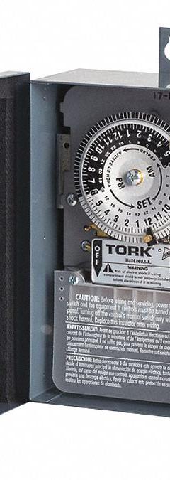 TORK Electromechanical Timer: 24 hr, 120/208-277V AC, DPST, Mechanical (MPN 1109A-O). Key specifications — Body Material: Metal; Indoor/Outdoor Usage: Indoor; Brand: TORK.