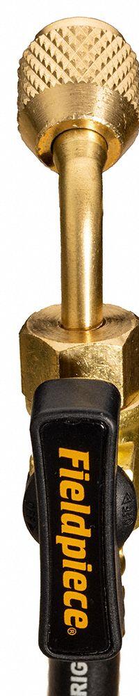 FIELDPIECE Hose: 5 ft Lg, 45° Angle, Black, Rubber, Single Hose, Ball Valve (MPN HR1B). Key specifications — Brand: FIELDPIECE; Includes Valve: Yes.