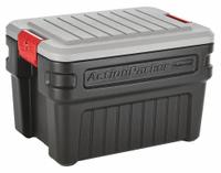 RUBBERMAID Attached Lid Tote: 24 gal, 26 in x 18 1/2 in x 17 in, Black Body, Gray Lid, Plastic (MPN 1949231). Key specifications — Material: Plastic; Brand: RUBBERMAID.