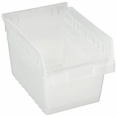 QUANTUM STORAGE SYSTEMS Shelf Bin: 11 5/8 in Overall Lg, 8 3/8 in x 8 in, Clear, Nesting Capable (MPN QSB807CL). Key specifications — attr1179622: QUANTUM STORAGE SYSTEMS; attr1179611: 0%; attr1179616: QSB807CL; attr1179624: Dividers Not Included; attr1249172: Not Electrostatic Discharge Conductive.