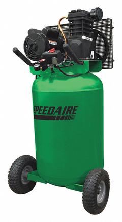 SPEEDAIRE Portable Air Compressor: Oil Lubricated, 30 gal, Vertical, 2 hp, 5.5 cfm @ 90 psi (MPN 48UY04). Key specifications — attr48686: Oil Lubricated; attr48685: 240V AC; attr48689: 4.90 cfm; attr48678: 15 A; attr48688: Bull Horn Handles; attr48671: SPEEDAIRE; attr124308: Standard (75 dBA or more).
