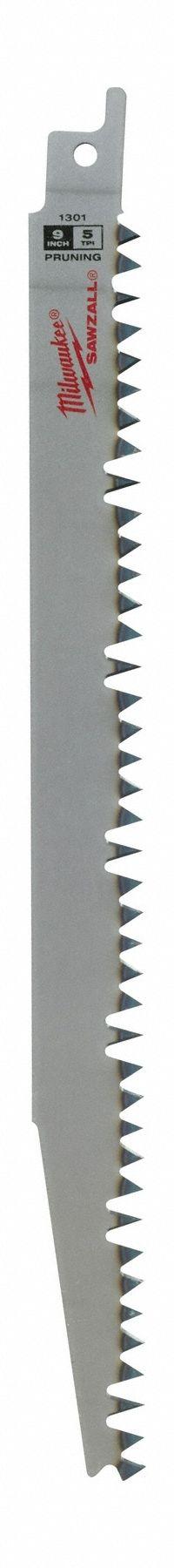 MILWAUKEE Reciprocating Saw Blade: 5 Teeth per Inch, 9 in Blade Lg, 0.2 in Blade Thick, Tapered Back (MPN 48-00-1304). Key specifications — attr1109198: 5; attr1109200: Flexible for Curved Cuts; attr1109201: Tapered; attr1109209: MILWAUKEE.