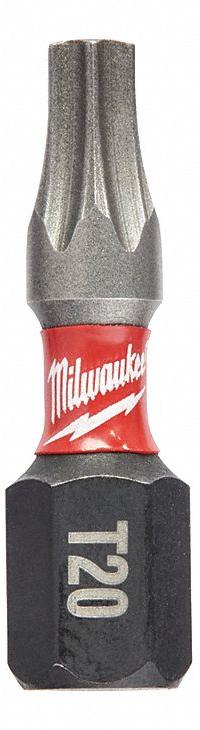MILWAUKEE Driver Bit: Insert Bit, T20 Bit Size, Imperial, Torx® Head, T20 Bit Industry Size, Std (MPN 48-32-4614). Key specifications — attr1119738: Hex; attr1119735: Imperial; attr1119740: Standard; attr1119734: Alloy Steel; attr1119737: Insert Bit; attr1119741: MILWAUKEE.